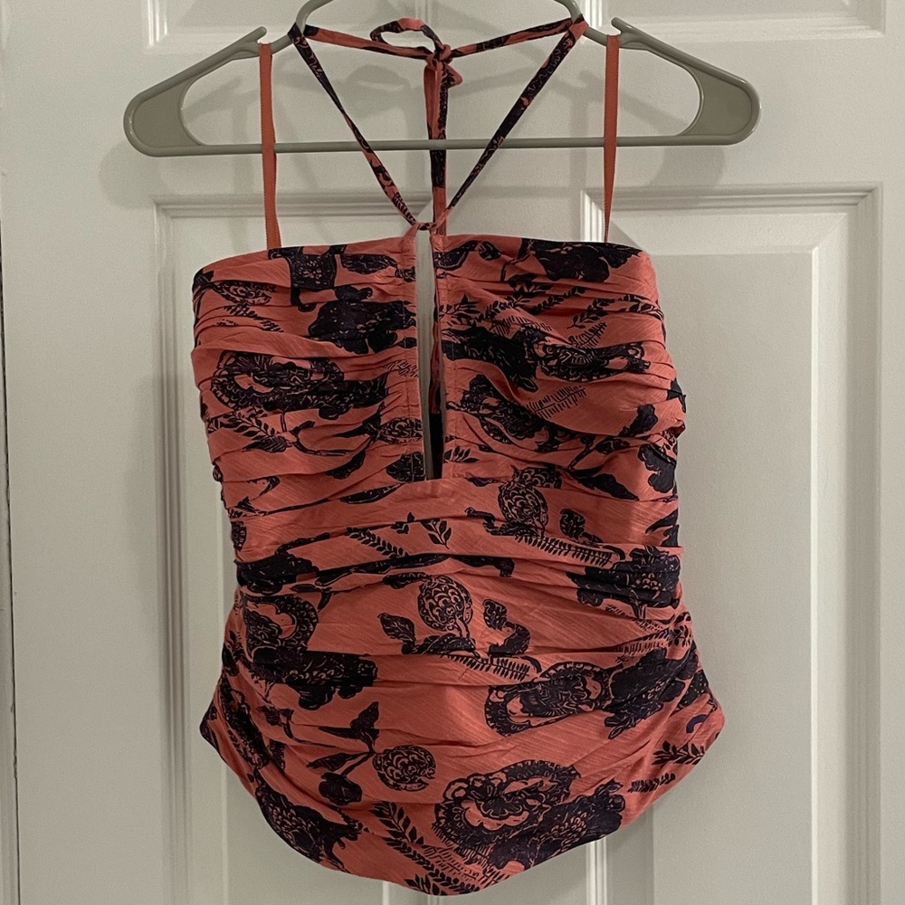 Anthropologie Coral and Navy Floral Top